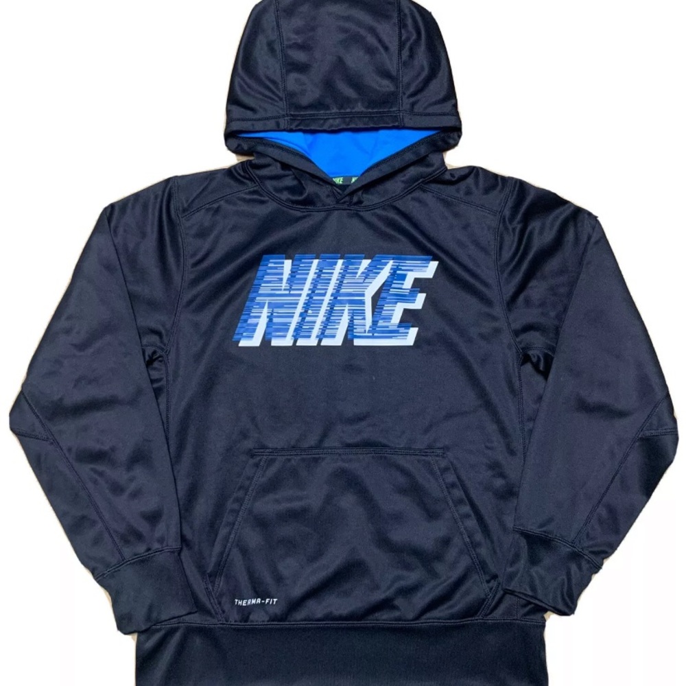Nike Boys Large Therma-Fit Sweatshirt - Black with Blue and White Logo